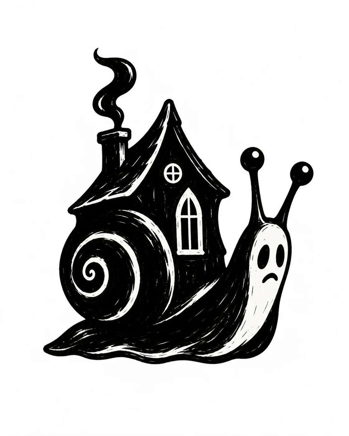 A tiny gothic house carried on the back of a patient snail. Black ink tattoo design on white.