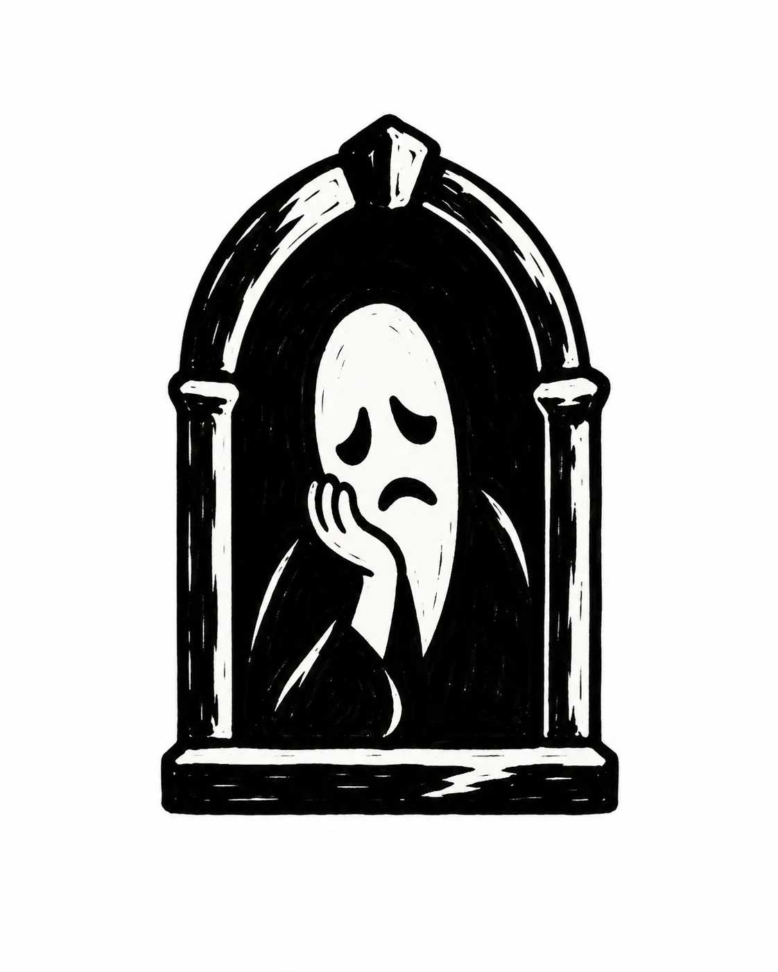 A mournful face resting in a simple arched window, one hand beneath its chin. Black ink tattoo design on white.