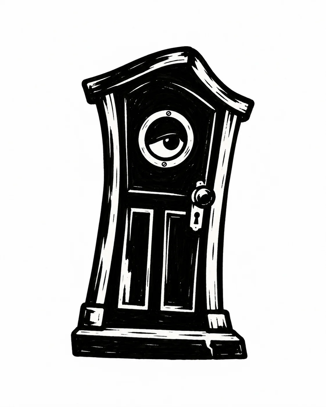 A little leaning front door with a single eye in its round peephole. Black ink tattoo design on white.