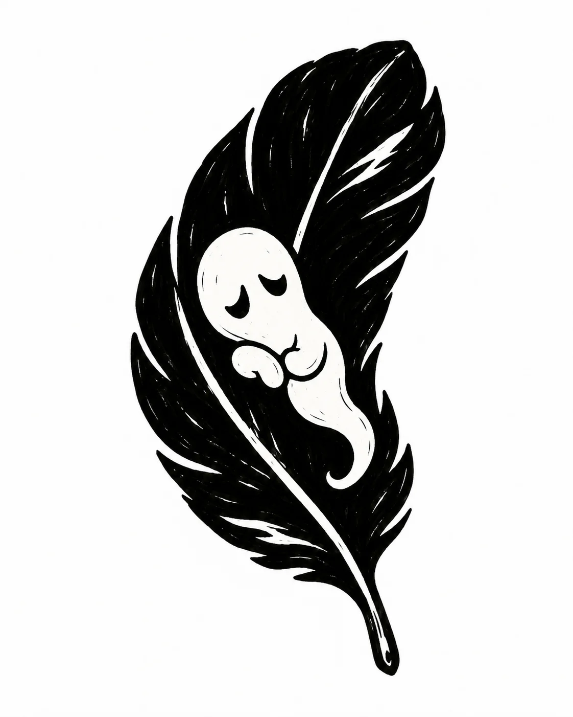 A sleeping ghost nested inside an oversized black feather. Black ink tattoo design on white.