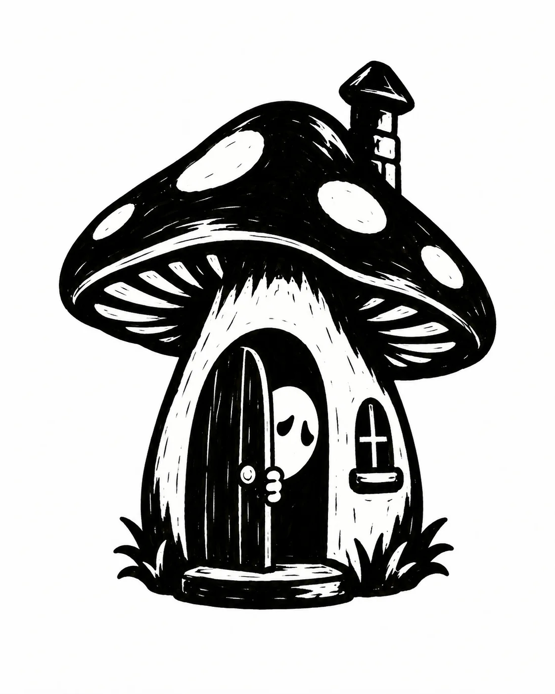 A single mushroom house with a shy face peeking from its doorway. Black ink tattoo design on white.