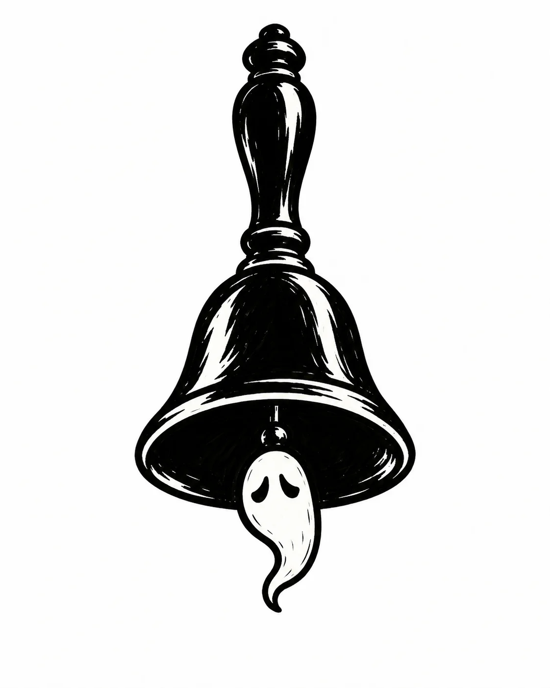 A handbell with a small ghost as its hanging clapper. Black ink tattoo design on white.