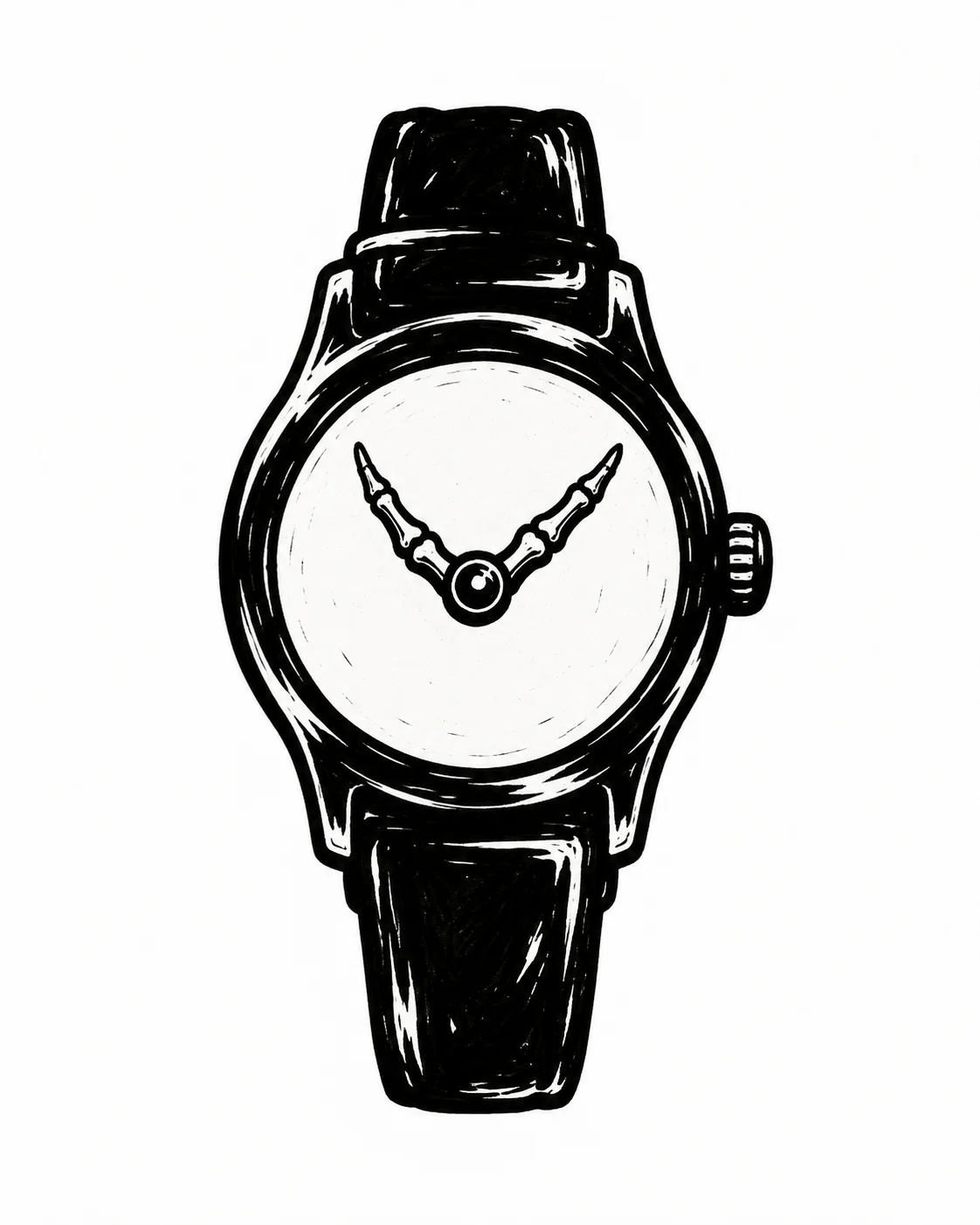 A wristwatch with two simple skeletal fingers as its hands, no numbers. Black ink tattoo design on white.
