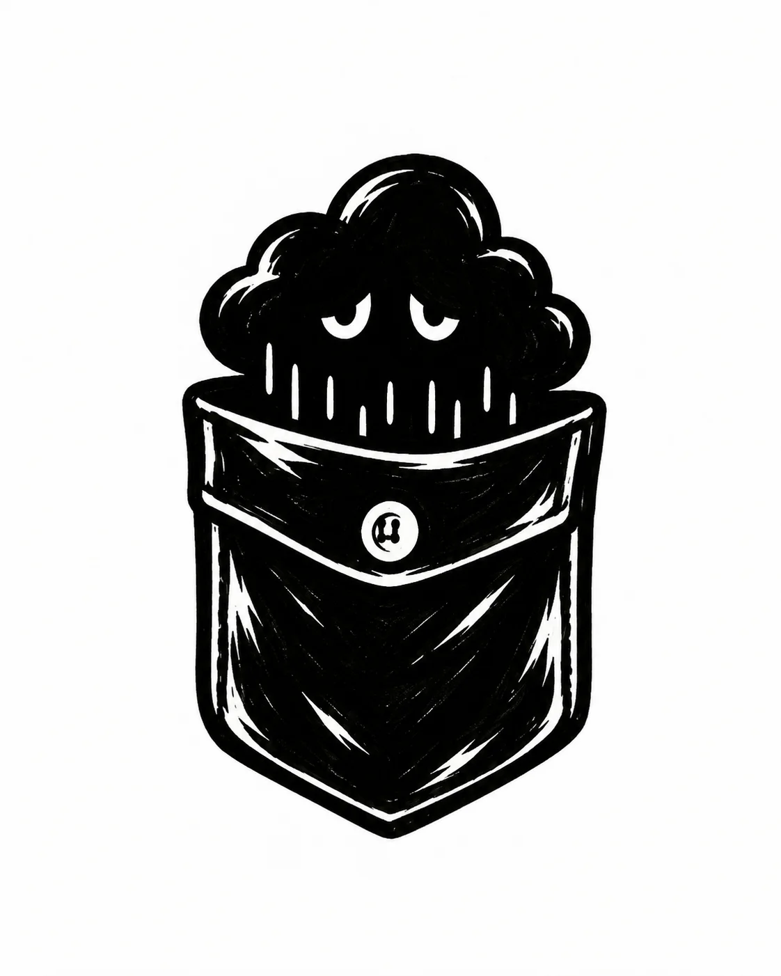 A coat pocket holding a small rain cloud with a tired face. Black ink tattoo design on white.