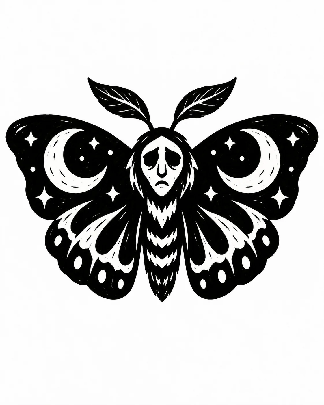 A broad-winged moth with two bold crescent cutouts and a mournful face on its thorax. Black ink tattoo design on white.