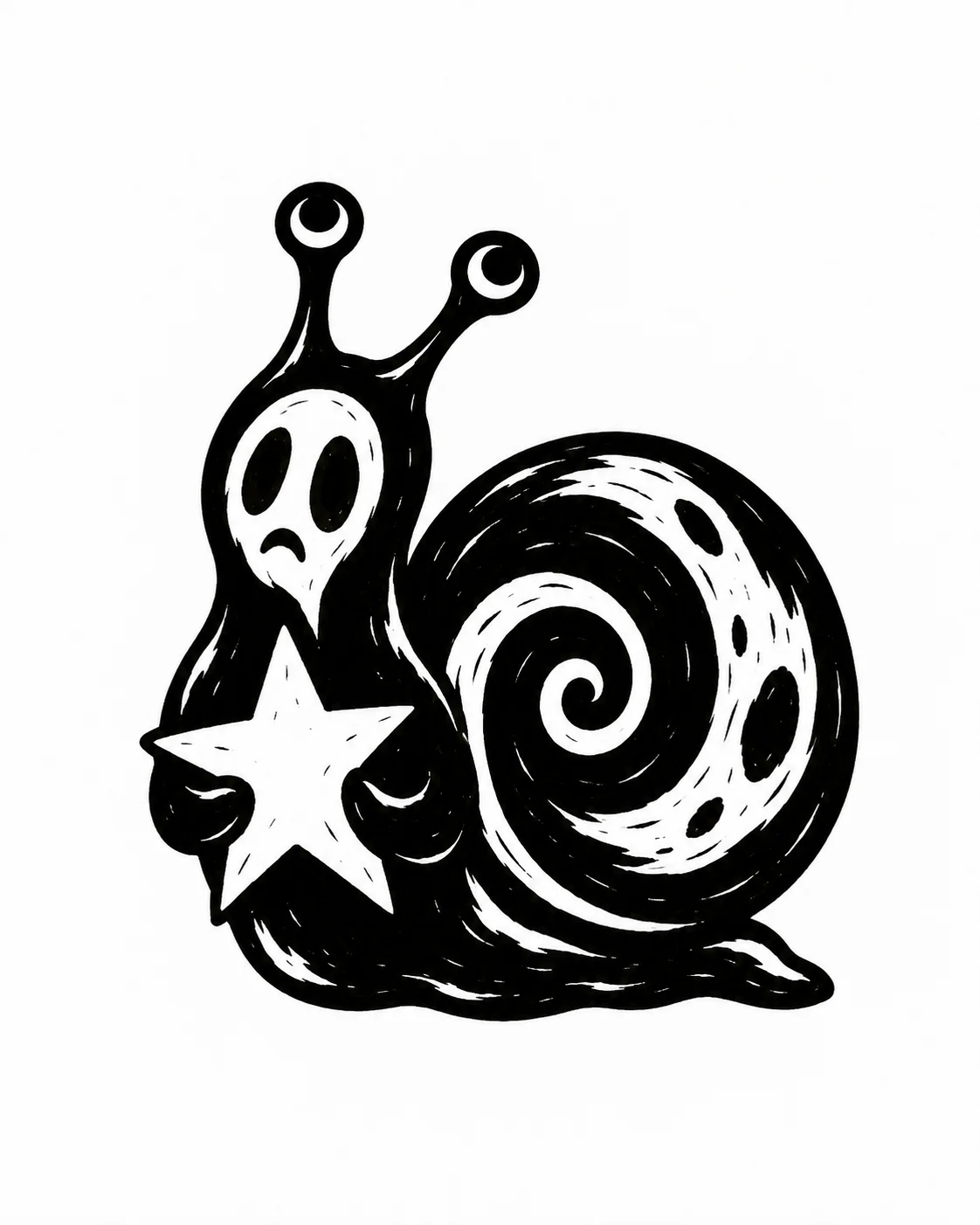 A snail with a simple black spiral shell holding one large white star. Black ink tattoo design on white.