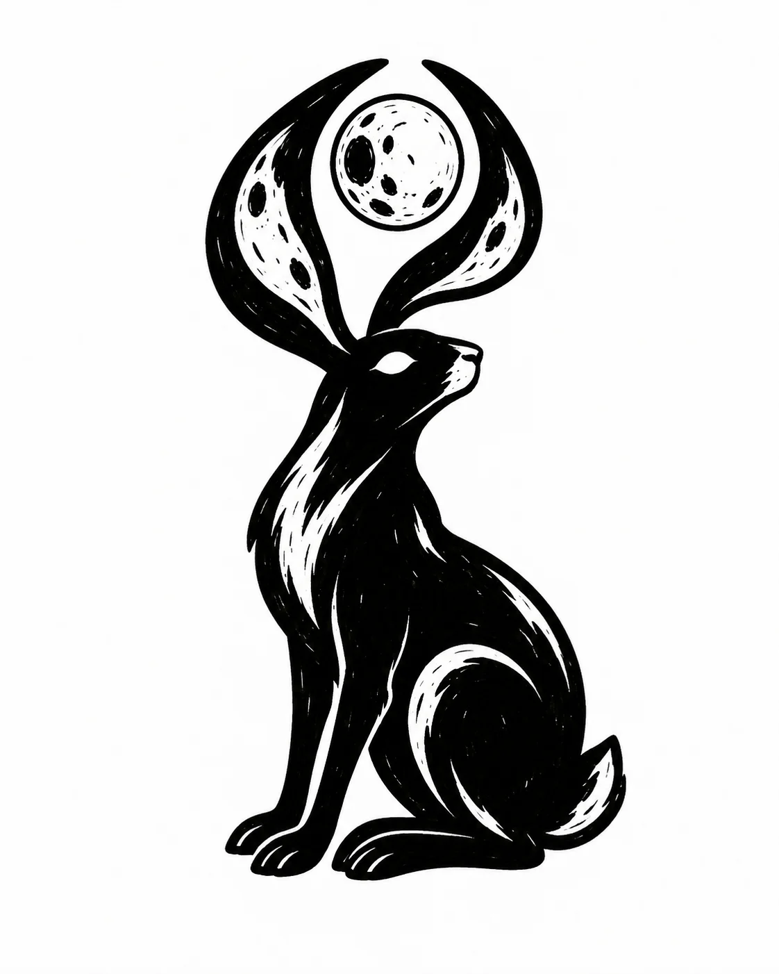 A seated black hare whose long ears curve around a small white moon. Black ink tattoo design on white.