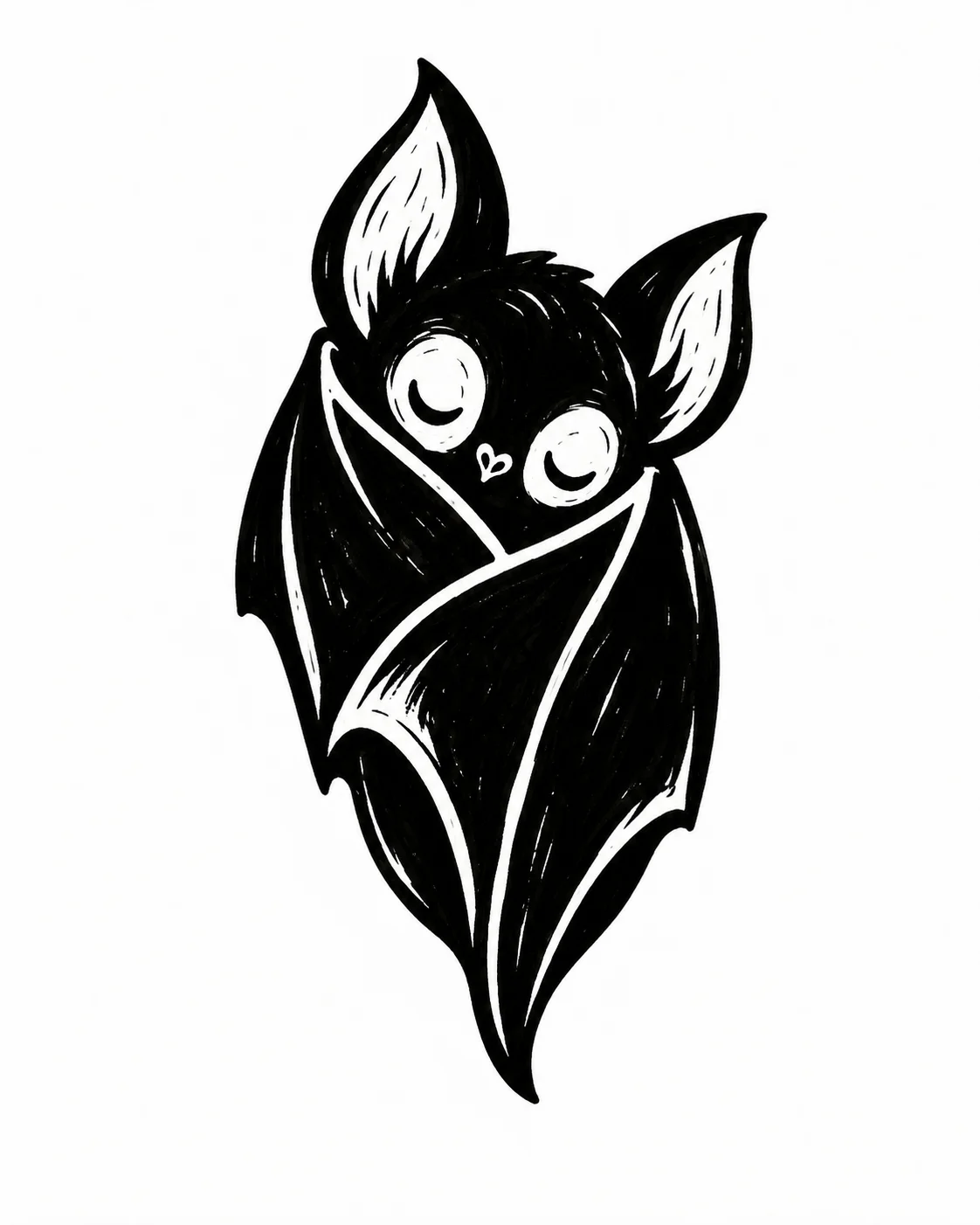 A tiny bat wrapped in its own wings like a sleeping bundle. Black ink tattoo design on white.