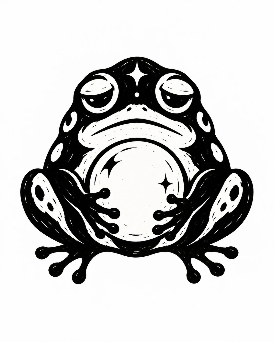A squat solemn frog cradling one blank crystal ball. Black ink tattoo design on white.