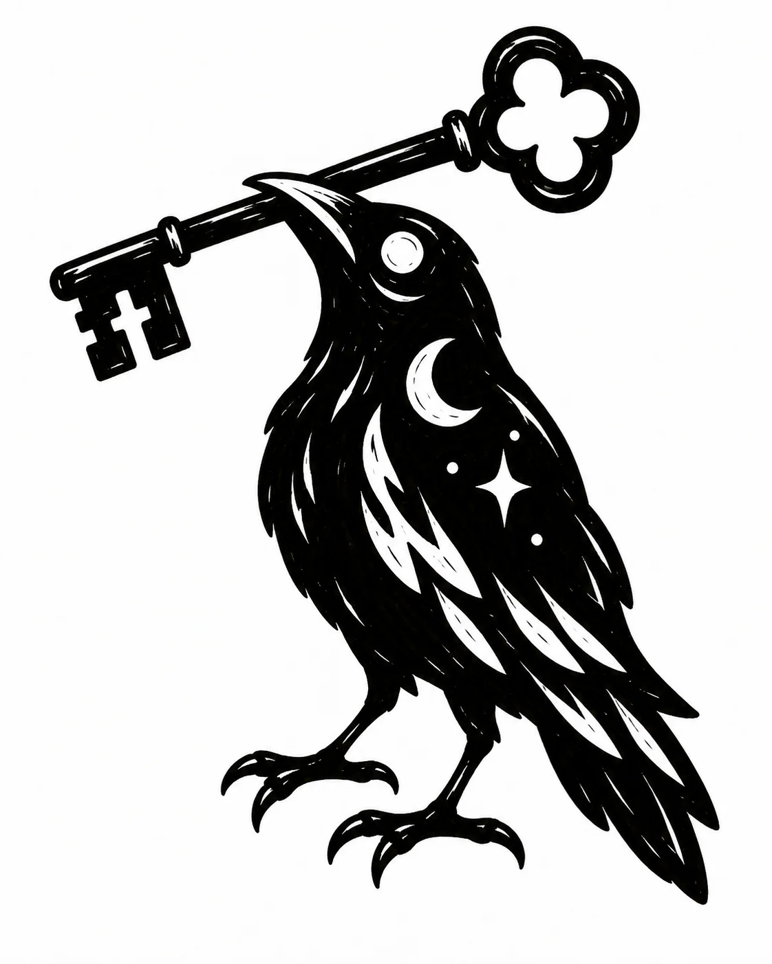 A crow balancing one oversized old key in its beak. Black ink tattoo design on white.