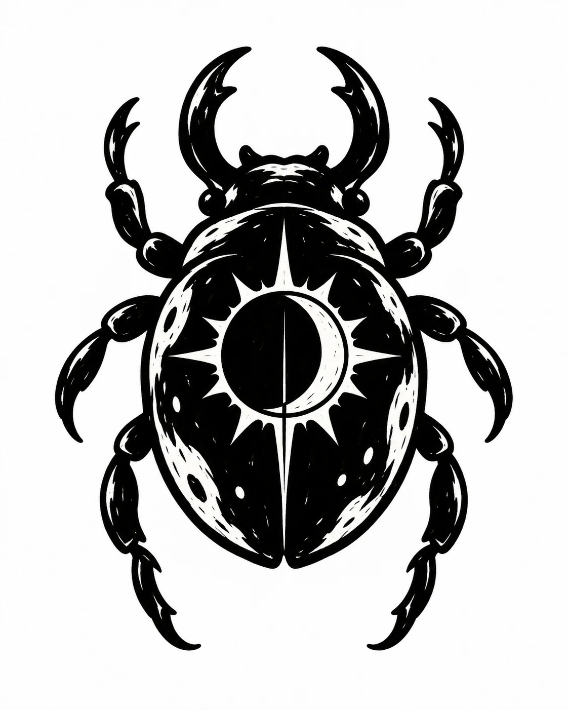 A sturdy beetle with one sun-eclipse motif on its broad wing case. Black ink tattoo design on white.