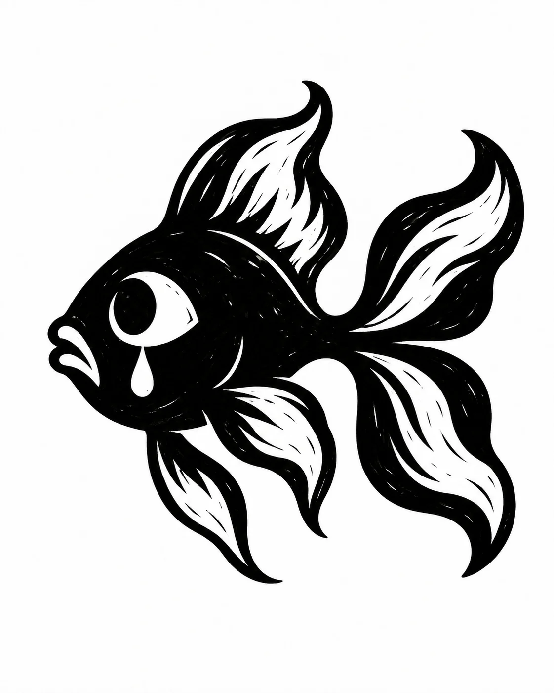 A black fish with flowing white-cut fins and one large teardrop eye. Black ink tattoo design on white.