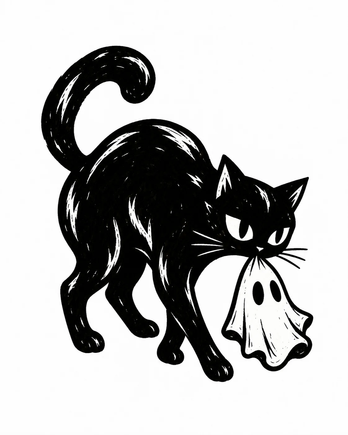 A hunched black cat carrying a tiny ghost gently by its sheet edge. Black ink tattoo design on white.