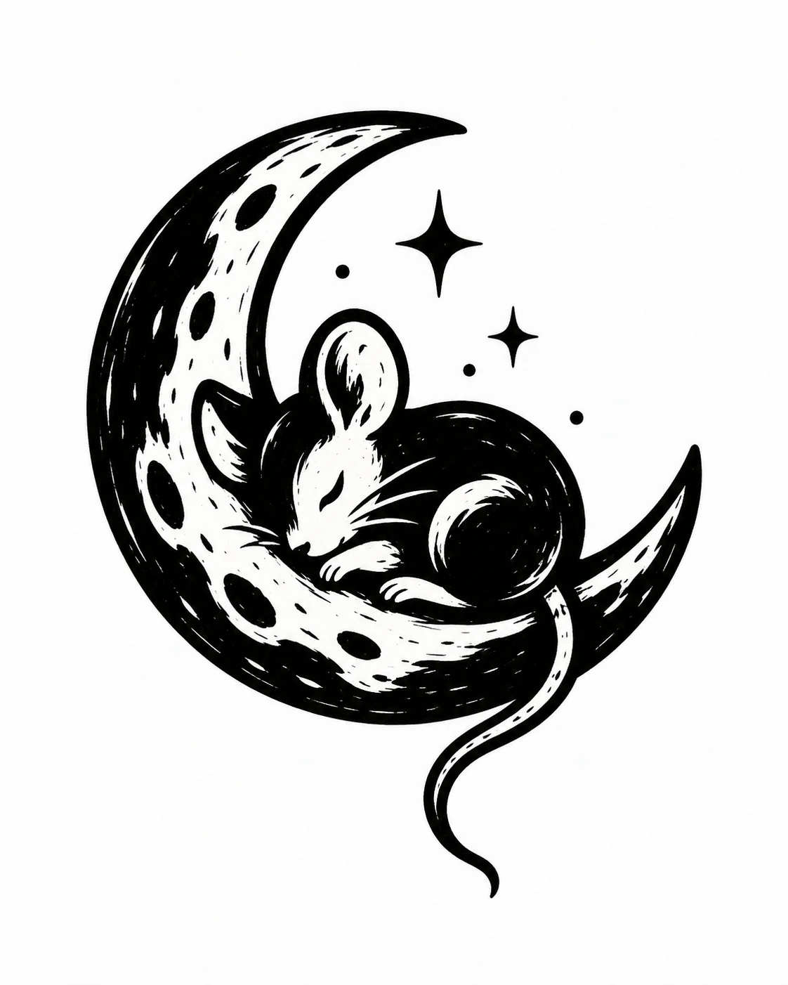 A small mouse asleep in the curve of a crescent moon. Black ink tattoo design on white.