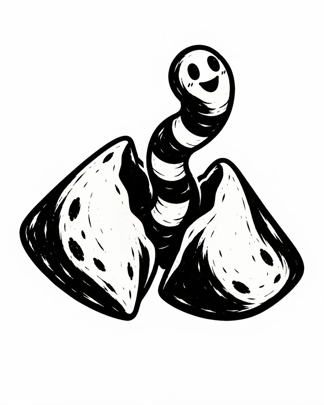 A cheerful worm emerging from a blank fortune cookie. Black ink tattoo design on white.