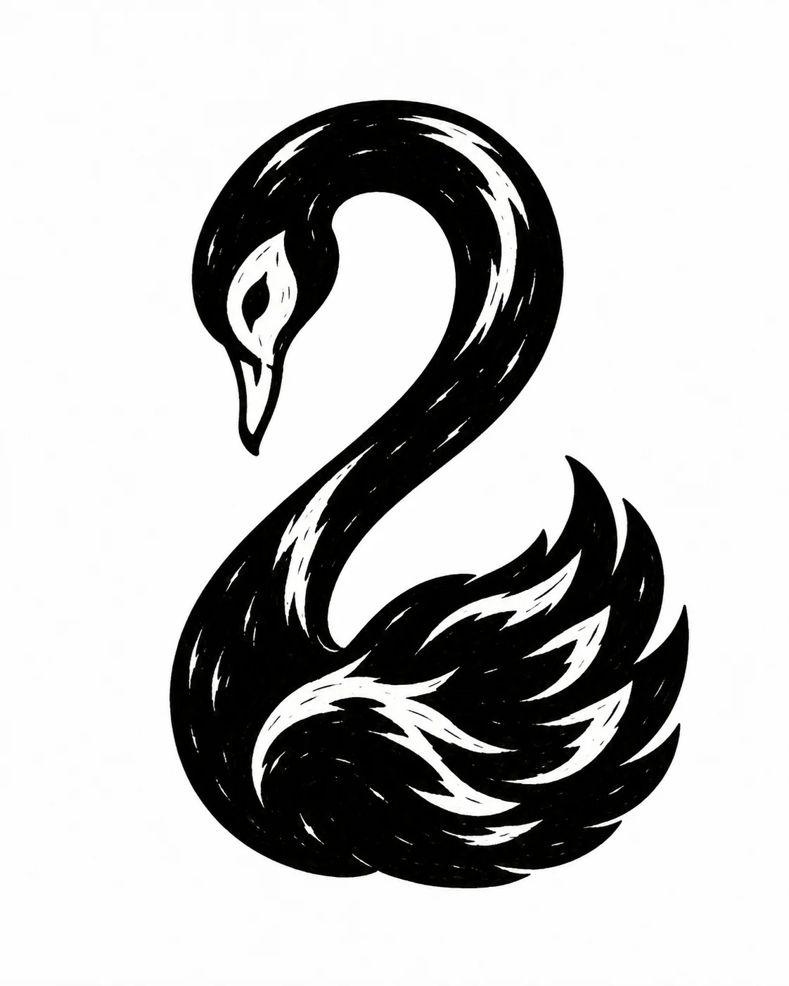 A black swan curling its neck into the shape of a question mark, without lettering. Black ink tattoo design on white.