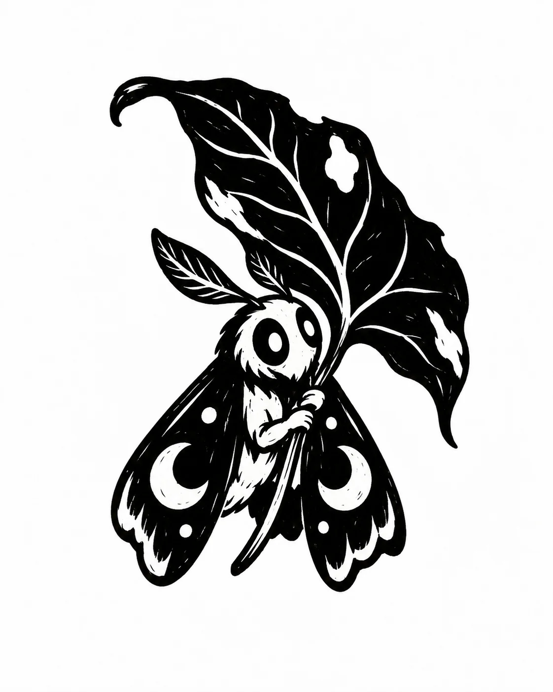 A small moth carrying an oversized fallen leaf like a cloak. Black ink tattoo design on white.