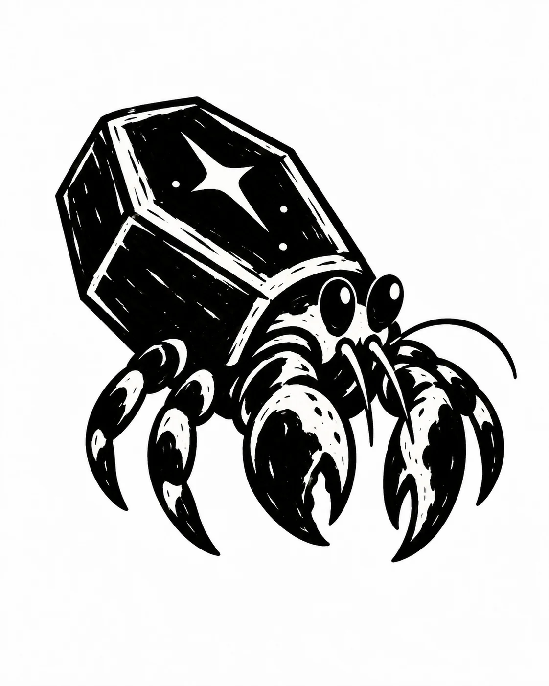A hermit crab with a simple coffin-shaped shell. Black ink tattoo design on white.