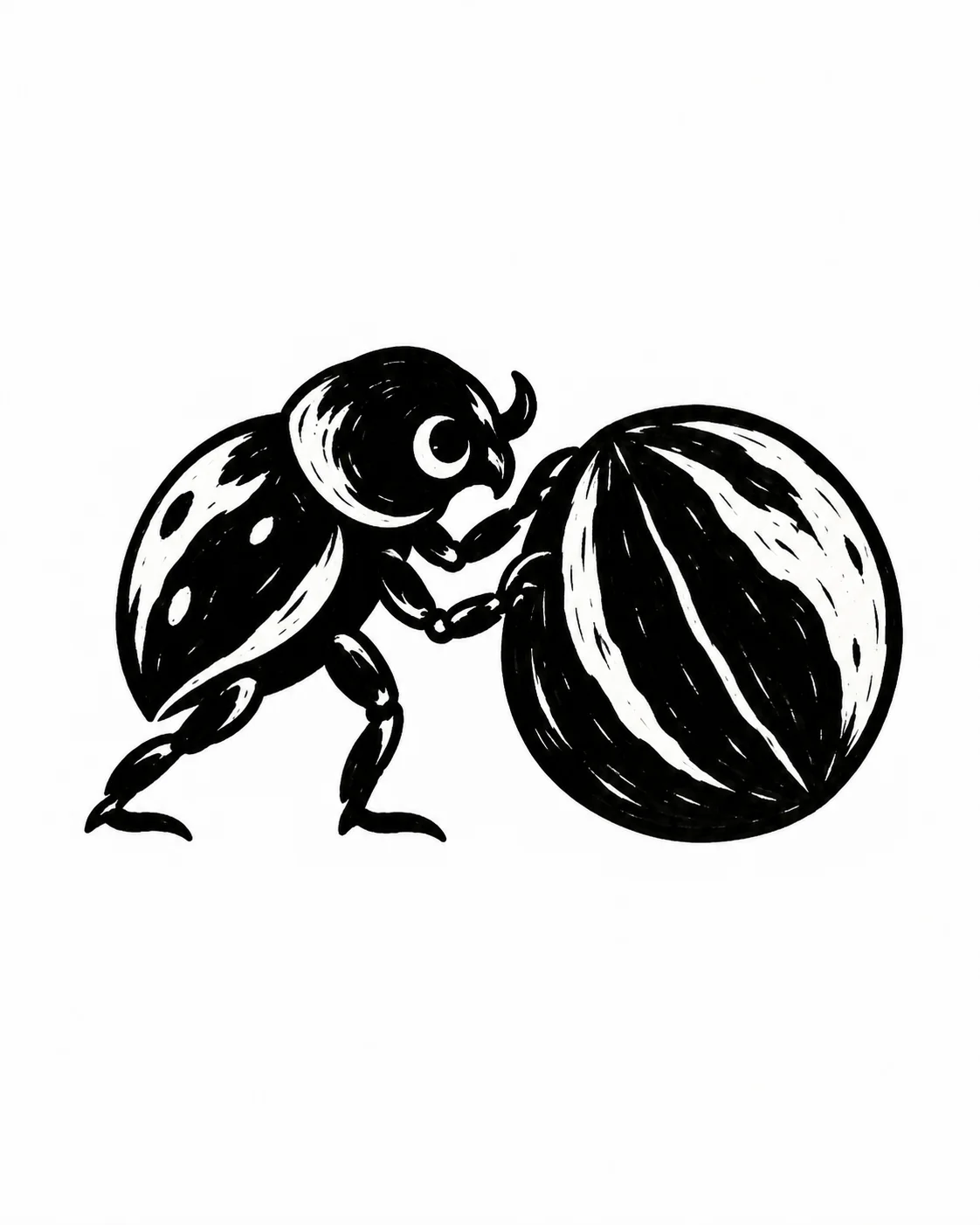 A small beetle pushing a single round seed like a wheel. Black ink tattoo design on white.