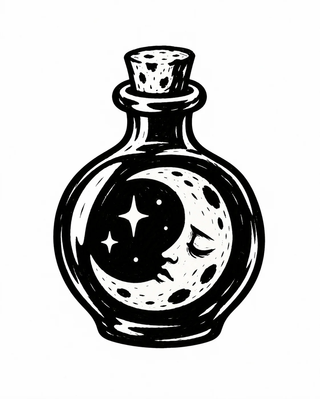 A short stoppered bottle containing a single crescent with a sleepy face. Black ink tattoo design on white.