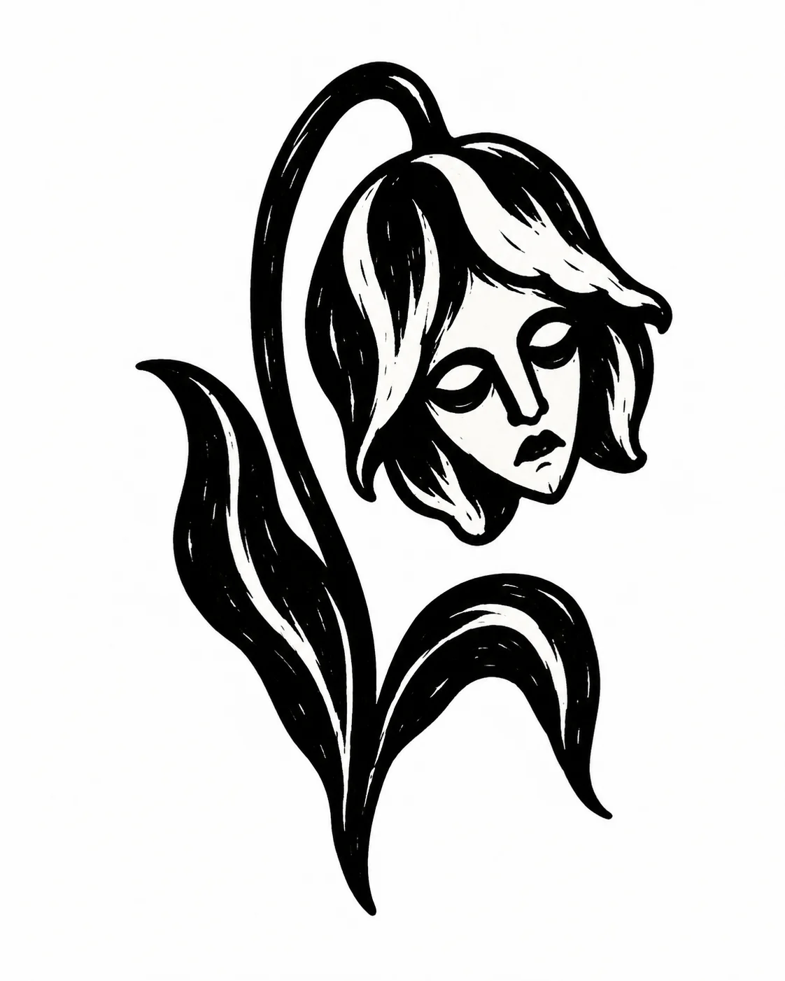 One drooping tulip with a solemn face inside its cup. Black ink tattoo design on white.
