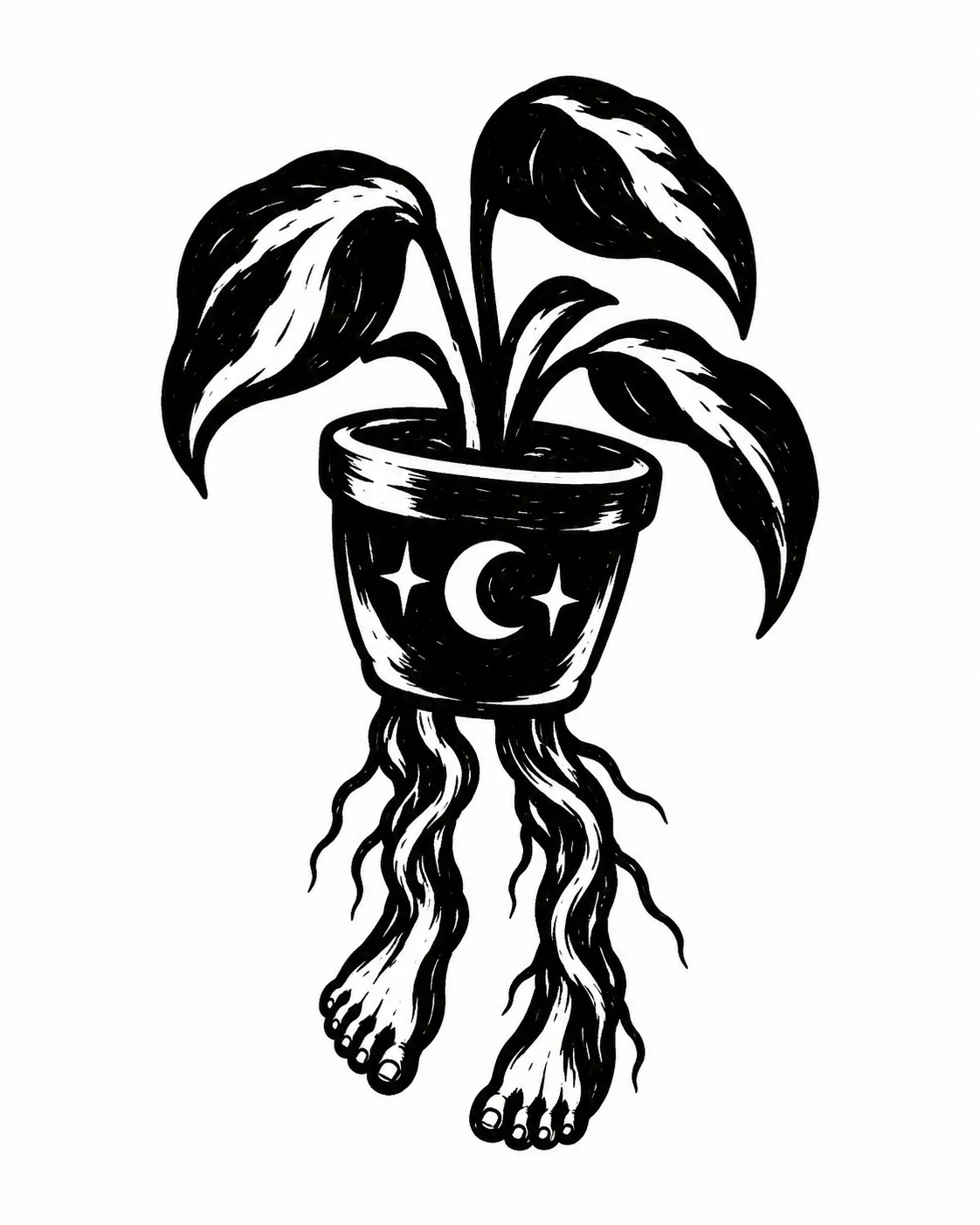 A small potted plant whose thick roots form two dangling feet. Black ink tattoo design on white.