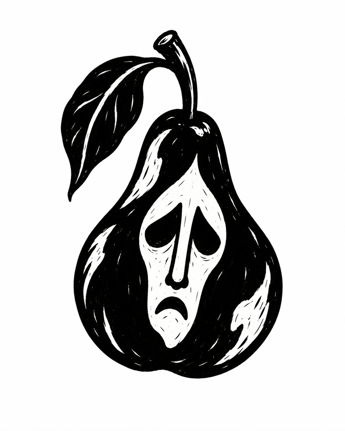 A black pear with a long mournful white face inset into its skin. Black ink tattoo design on white.
