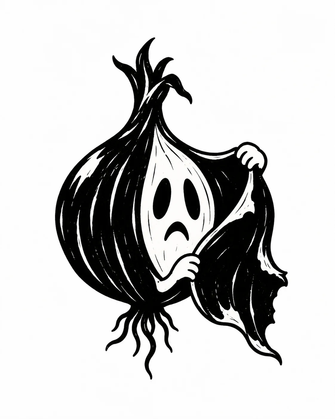An onion peeling off one outer layer like a ghost taking off a coat. Black ink tattoo design on white.