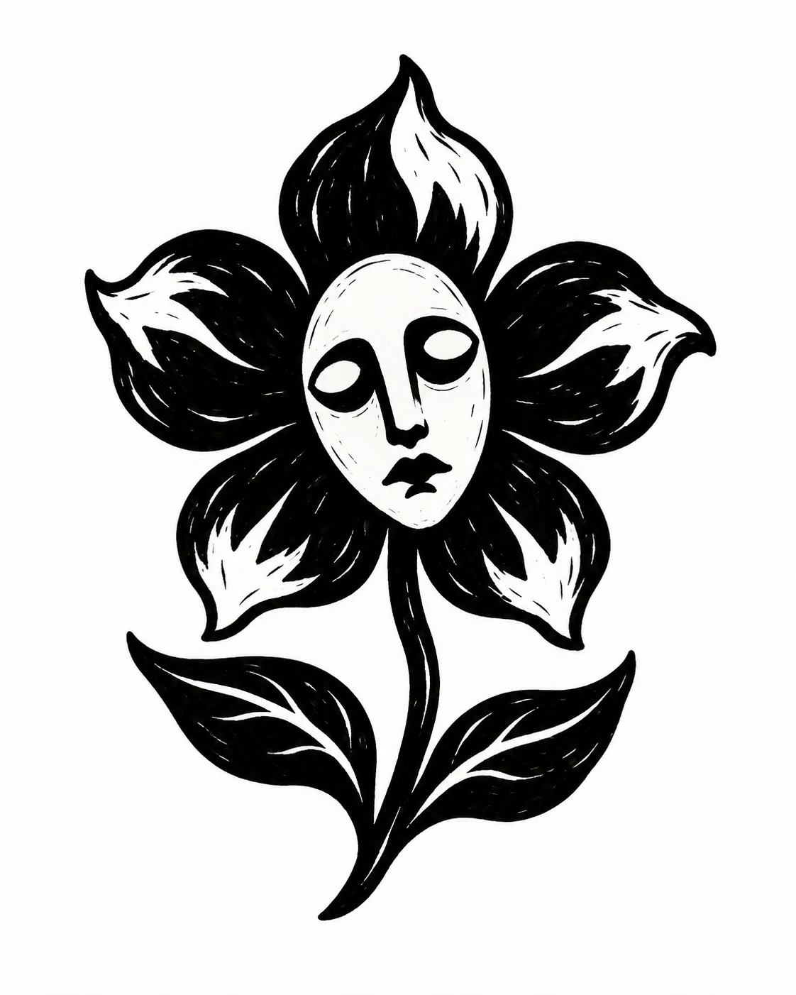 A single five-petaled flower with a blank masklike face at its center. Black ink tattoo design on white.