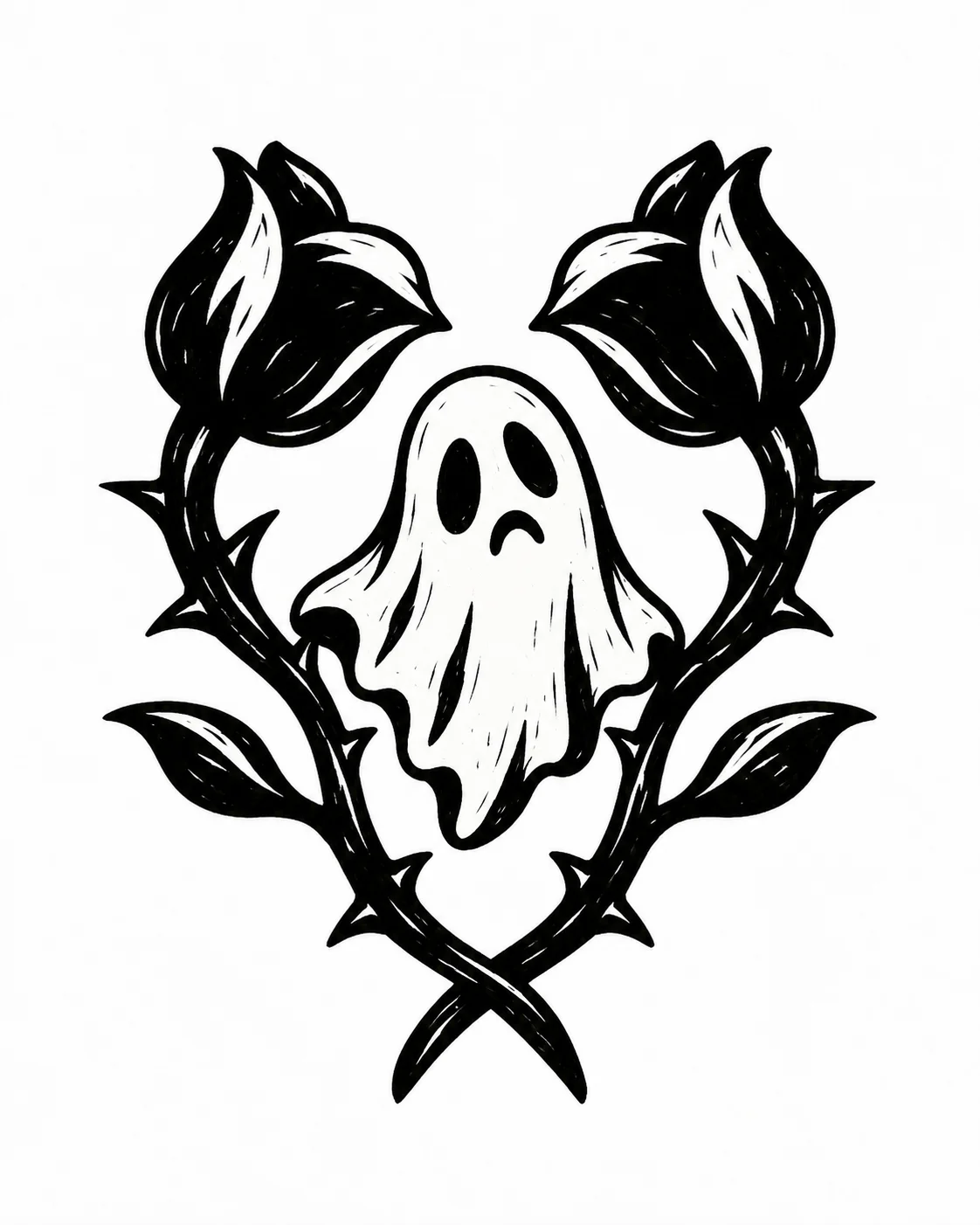 Two thorned stems gently holding a single little ghost between them. Black ink tattoo design on white.