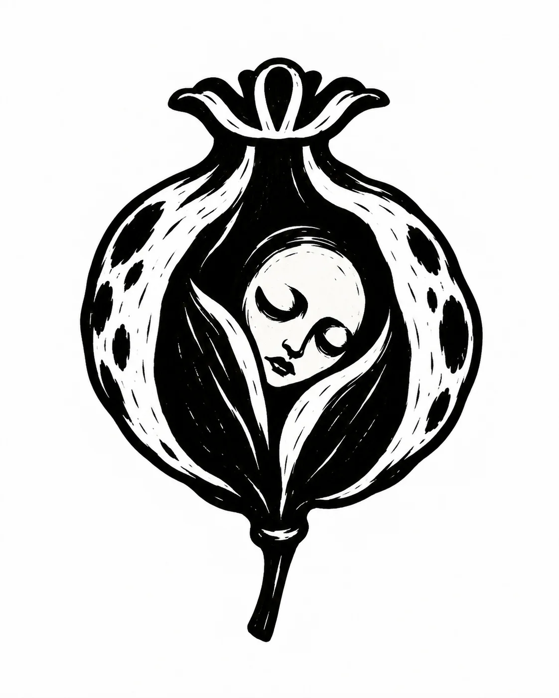 A split seedpod cradling a sleeping tiny face. Black ink tattoo design on white.