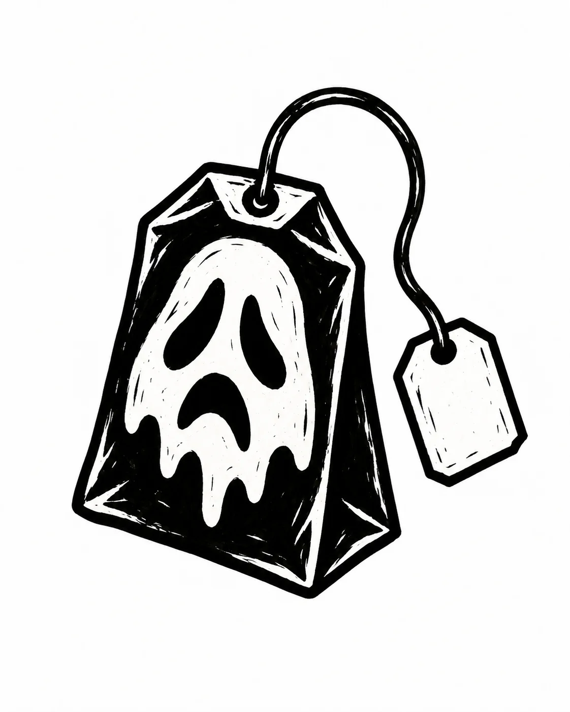 A teabag with a drooping ghost face, one simple string and blank tag. Black ink tattoo design on white.