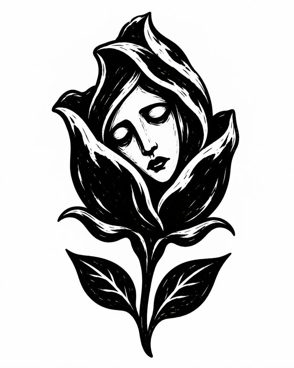 A rosebud whose outer petals form a hood around a melancholy face. Black ink tattoo design on white.