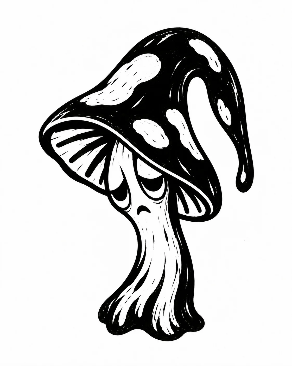 A mushroom with a very long curved cap drooping over its tired eyes. Black ink tattoo design on white.