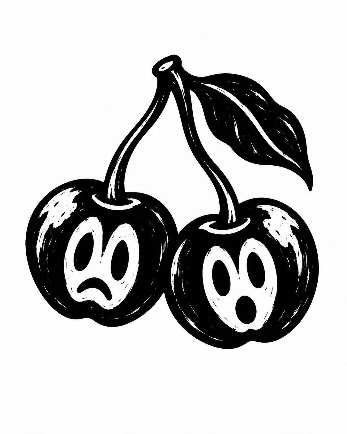 Two black cherries, one with a sad face and one with a surprised face. Black ink tattoo design on white.
