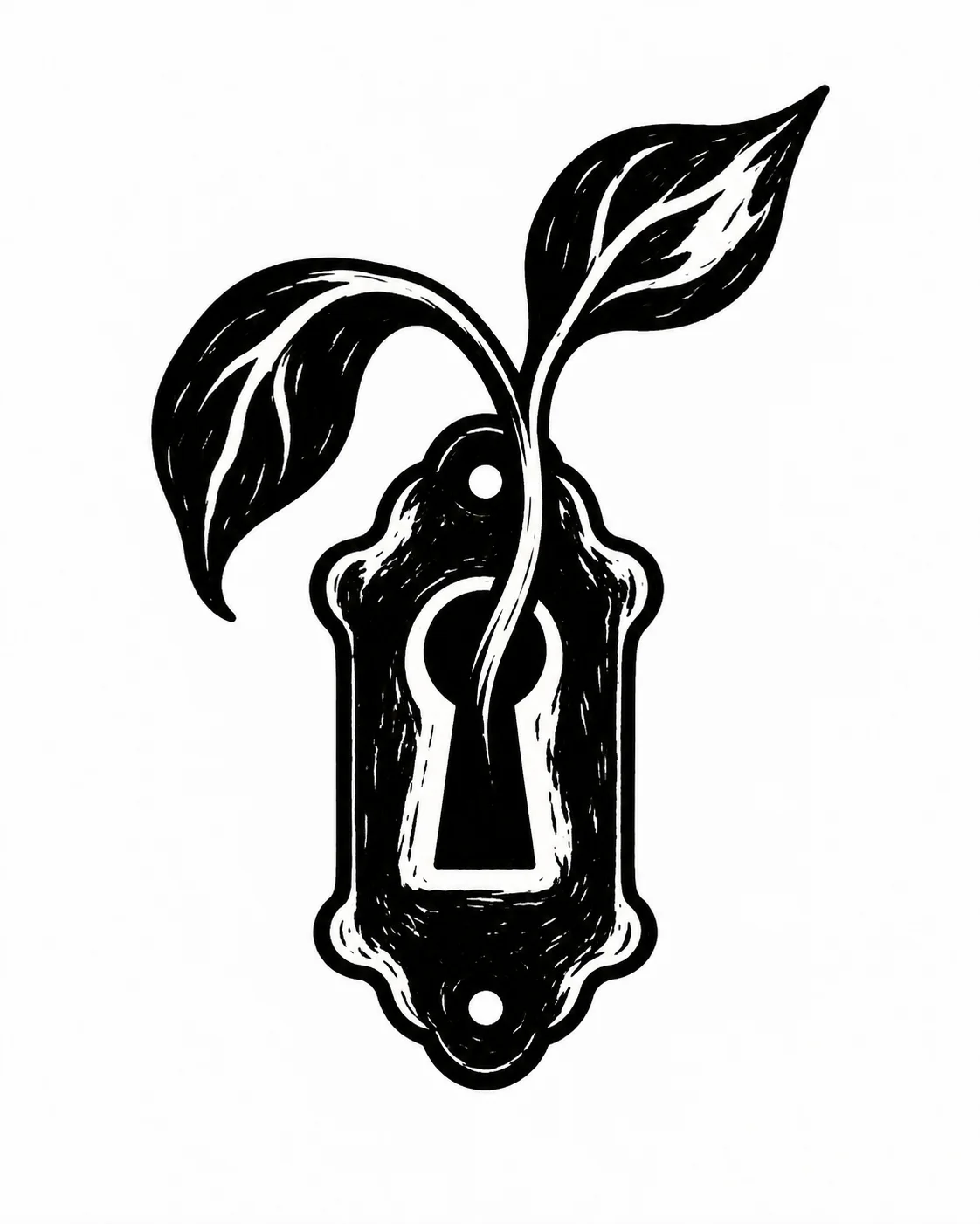 A single sprout growing through a simple old keyhole escutcheon. Black ink tattoo design on white.