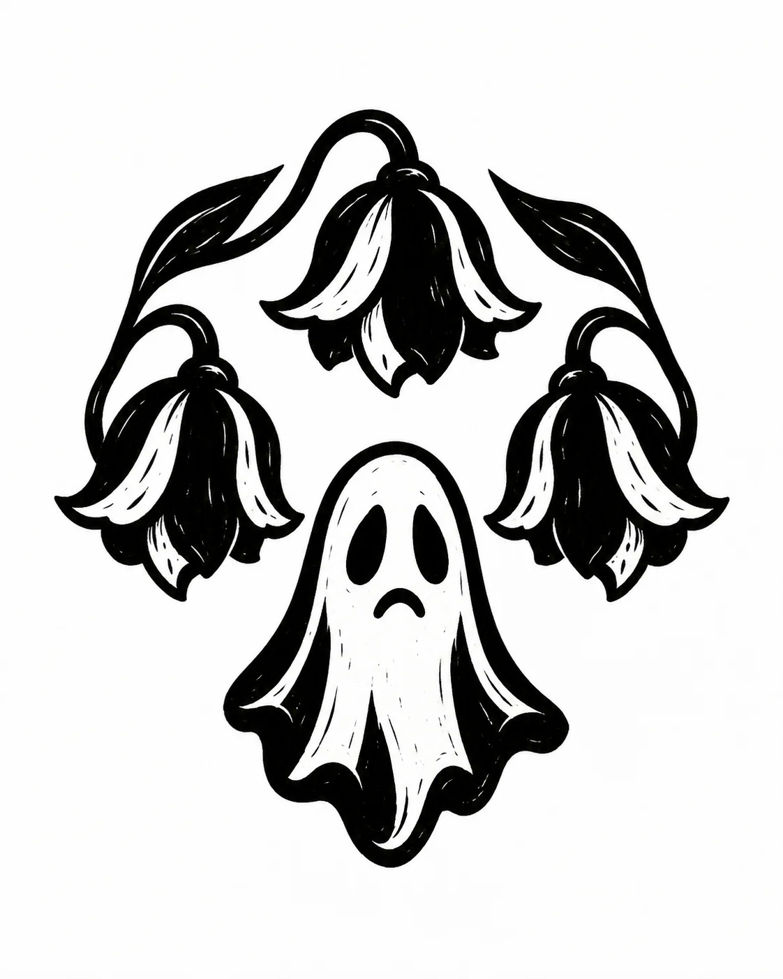 A simple ring of three drooping flowers above one small ghost. Black ink tattoo design on white.