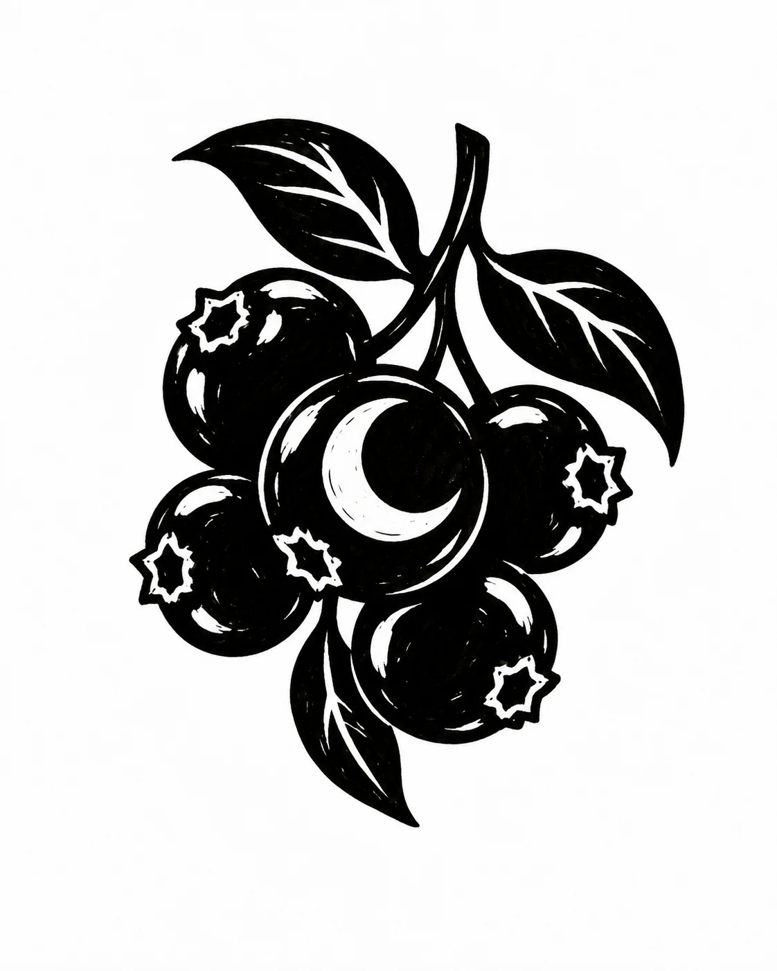 A compact cluster of rounded black berries with one white crescent nestled inside. Black ink tattoo design on white.