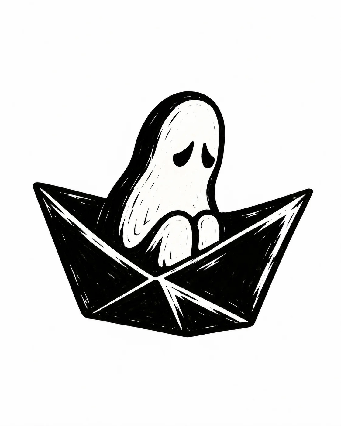 A paper boat carrying one solemn little ghost. Black ink tattoo design on white.