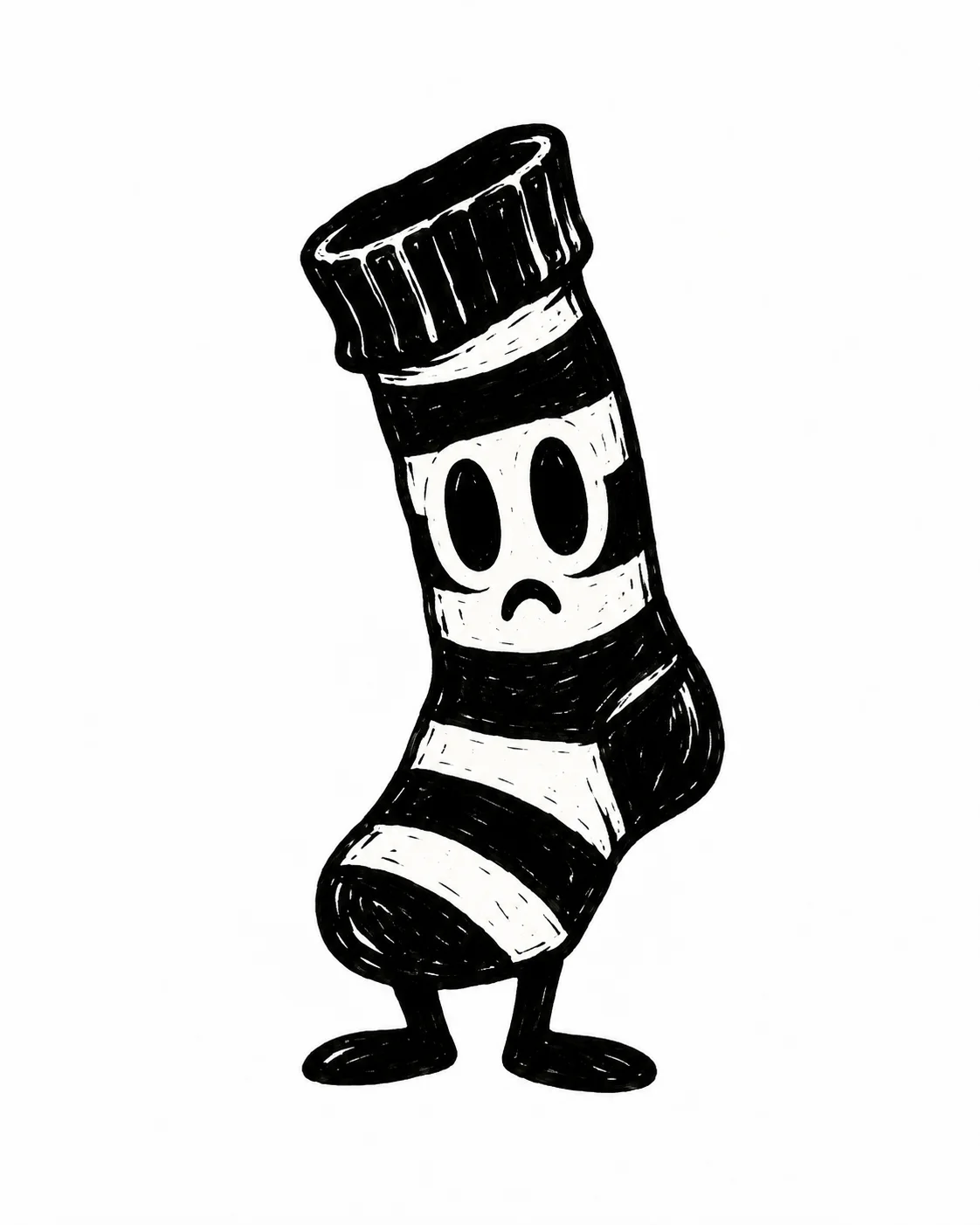 A striped sock standing upright as a puzzled little creature. Black ink tattoo design on white.