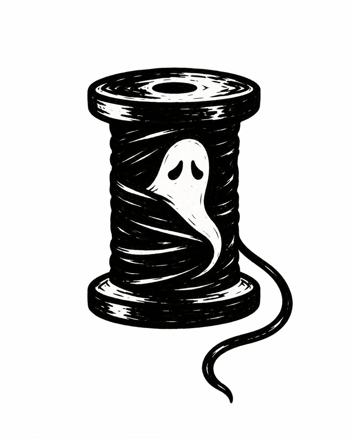 A spool of black thread with a ghost-shaped white gap, one trailing broad thread. Black ink tattoo design on white.