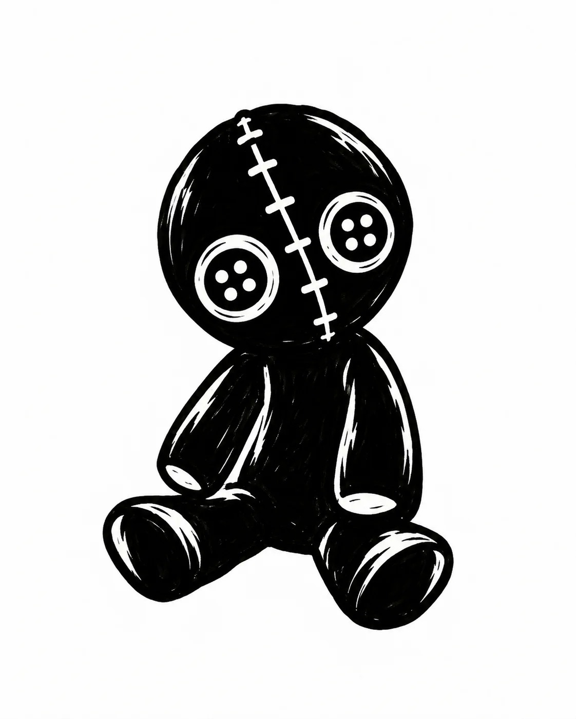 A small rag doll with two large four-hole buttons and one simple stitched seam. Black ink tattoo design on white.