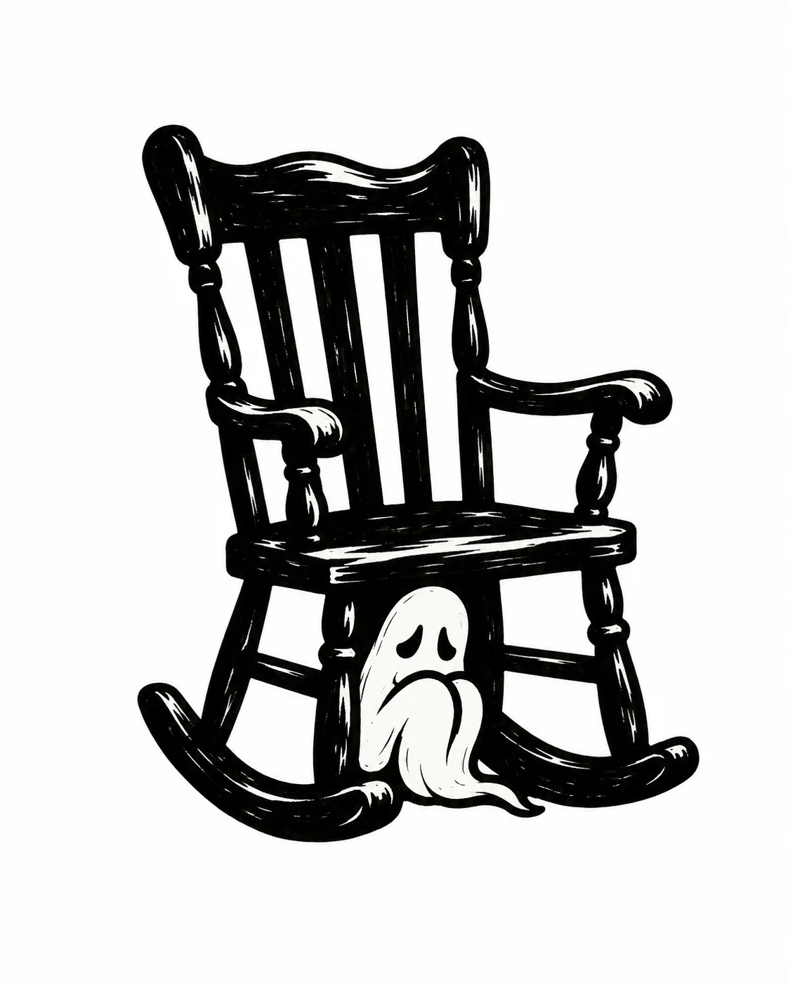 An empty plain rocking chair with a tiny ghost curled beneath its seat. Black ink tattoo design on white.