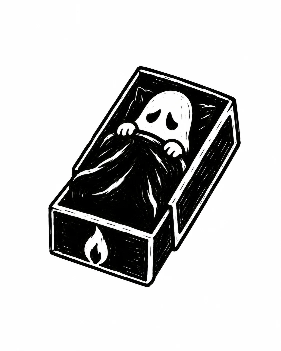 A small ghost tucking itself into a matchbox bed. Black ink tattoo design on white.