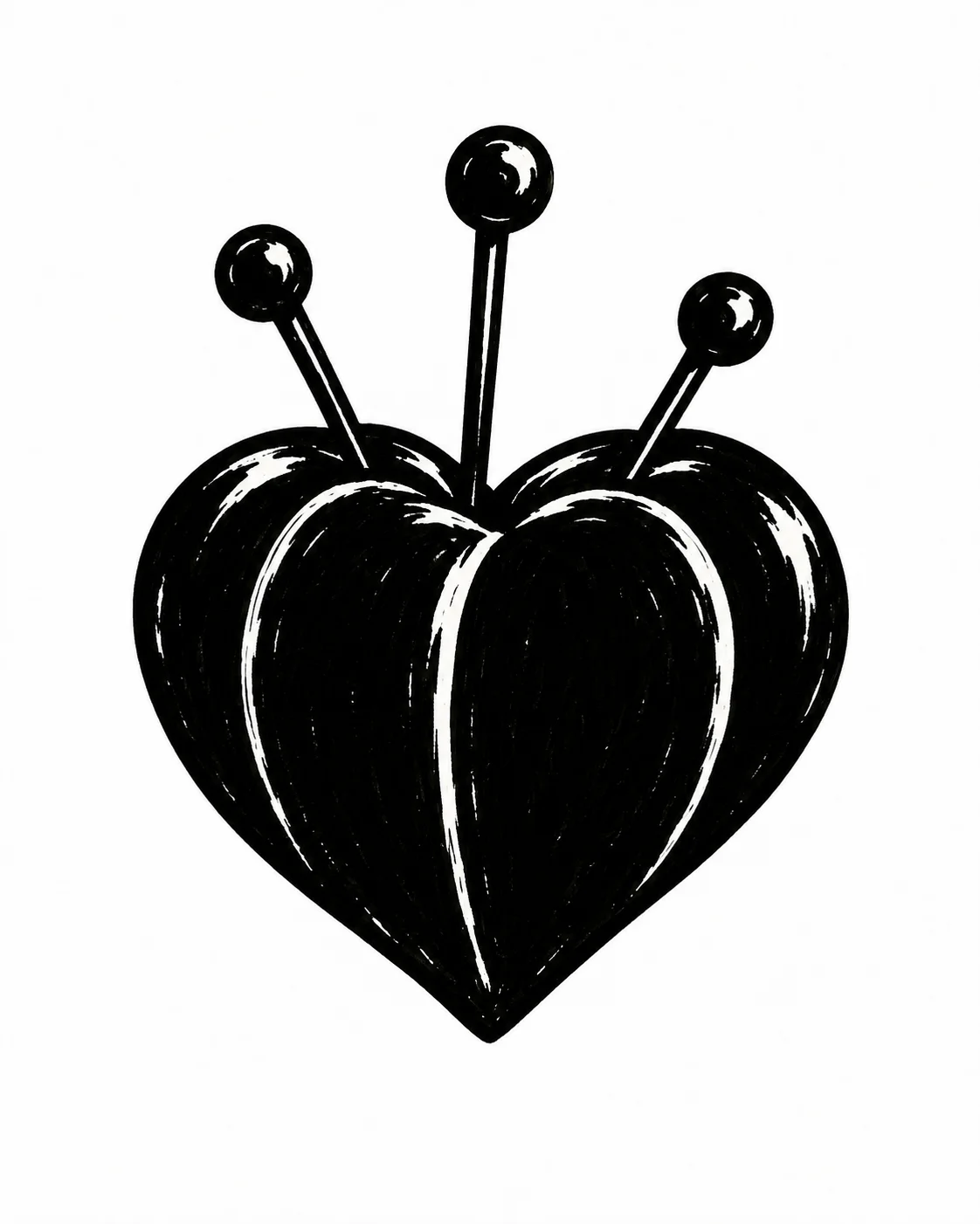 A pin cushion shaped like a black heart with only three large pins. Black ink tattoo design on white.