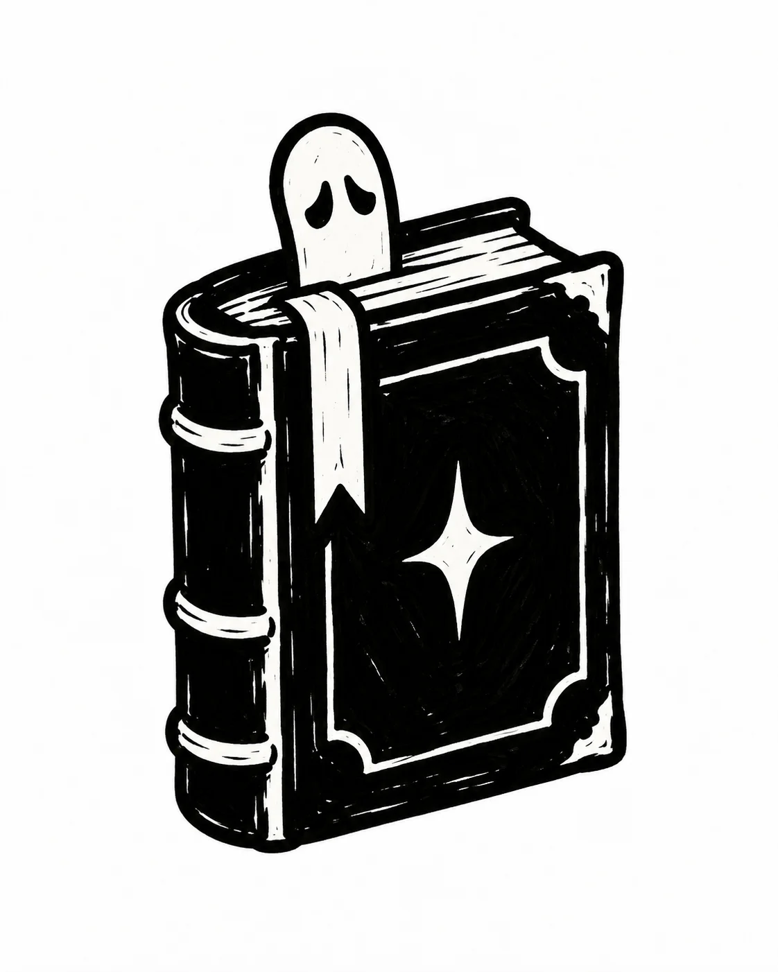 A closed book with a small ghost bookmark peeking above the pages. Black ink tattoo design on white.