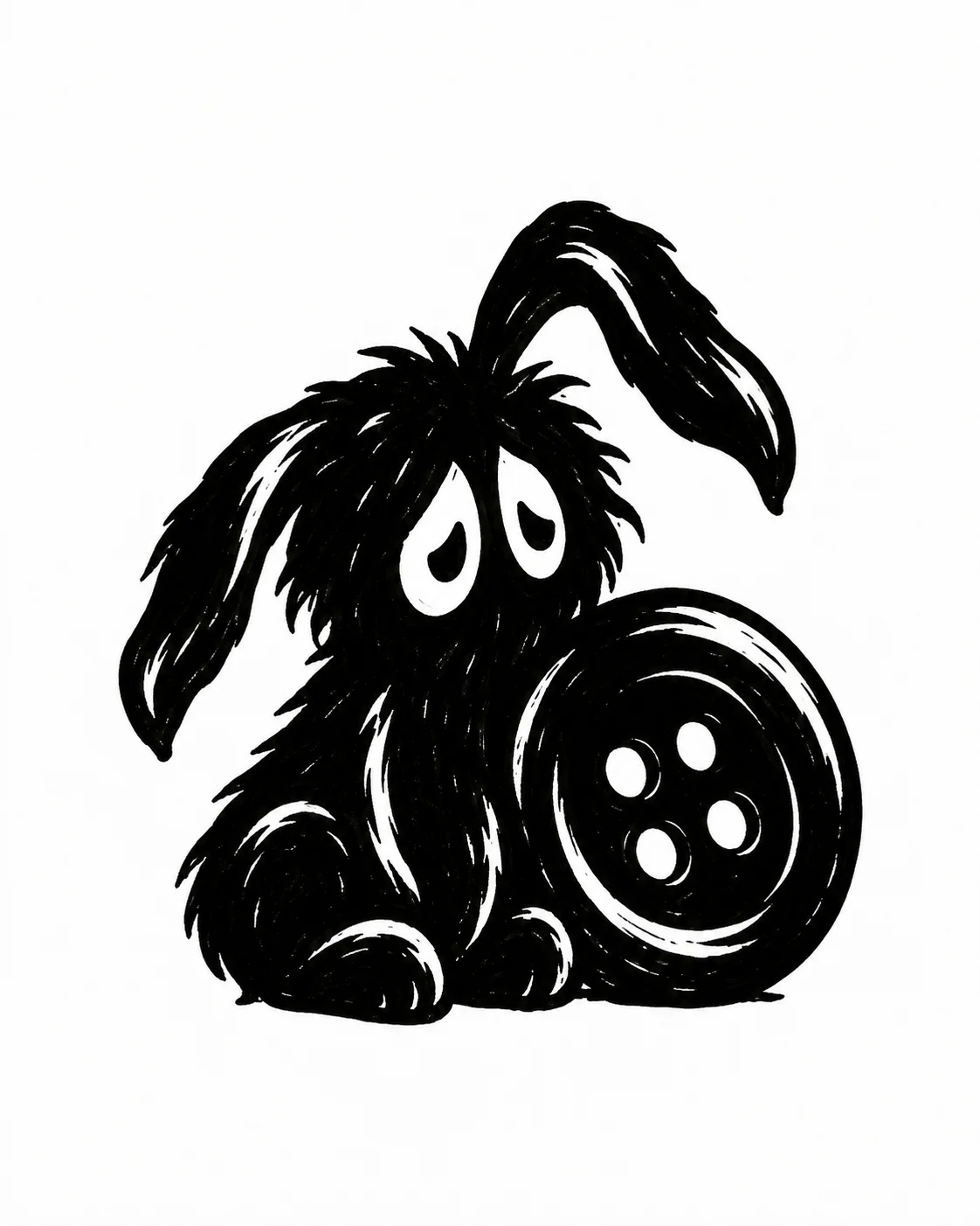 A scruffy black dust bunny with long ears sitting beside one oversized button. Black ink tattoo design on white.