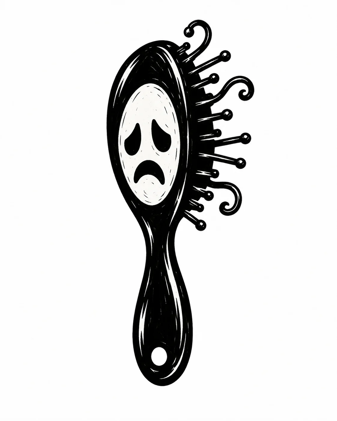 A hairbrush with a sad face and a few widely spaced bristles bent into curls. Black ink tattoo design on white.