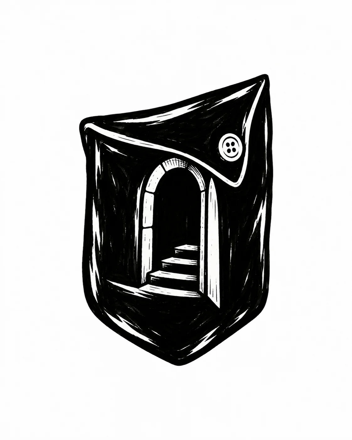 A coat pocket opening onto a tiny arched doorway. Black ink tattoo design on white.