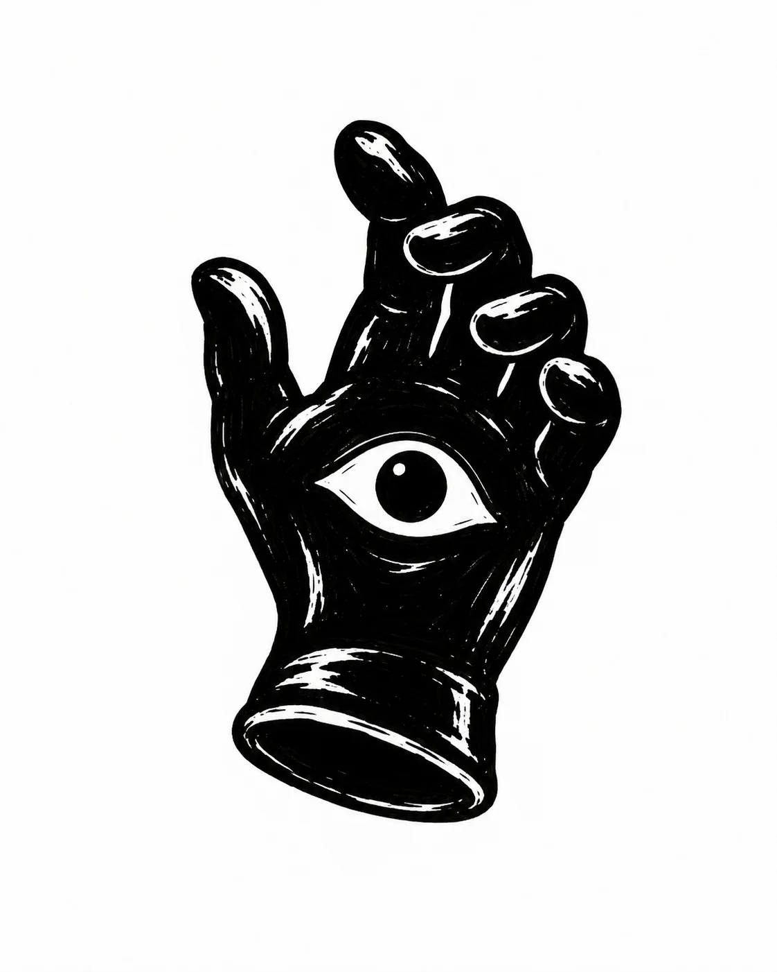 A single glove with a little eye in its palm, fingers loosely curled. Black ink tattoo design on white.